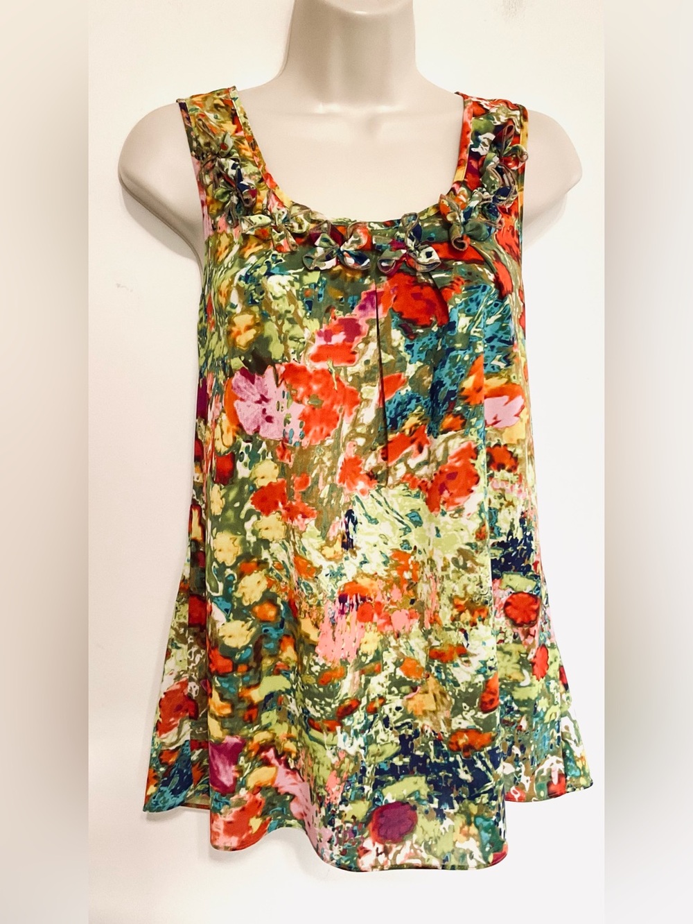 Spense Multicolor Floral Watercolor Tank Top - Green, Orange, Pink